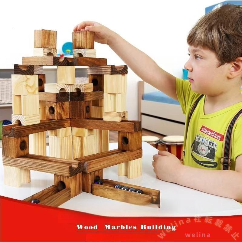 木製ビー玉転がし 80PCS ブロック レール 立体 知育玩具指先知育 算数 図形 教育玩具 積み木 入園祝い おもちゃプレゼントに