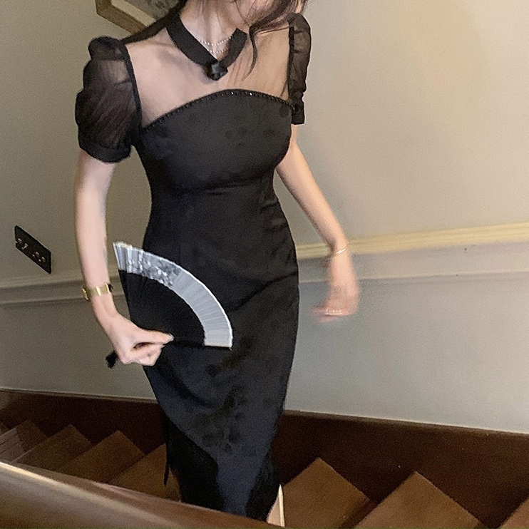 ドレス 衣装 イブニングドレス ブラックドレス ミモレ丈ドレス 半袖 パフスリーブ タイトドレス バックスリット シースルー ミモレ丈 ステージドレス 発表会 かわいい 大人可愛い きれいめ