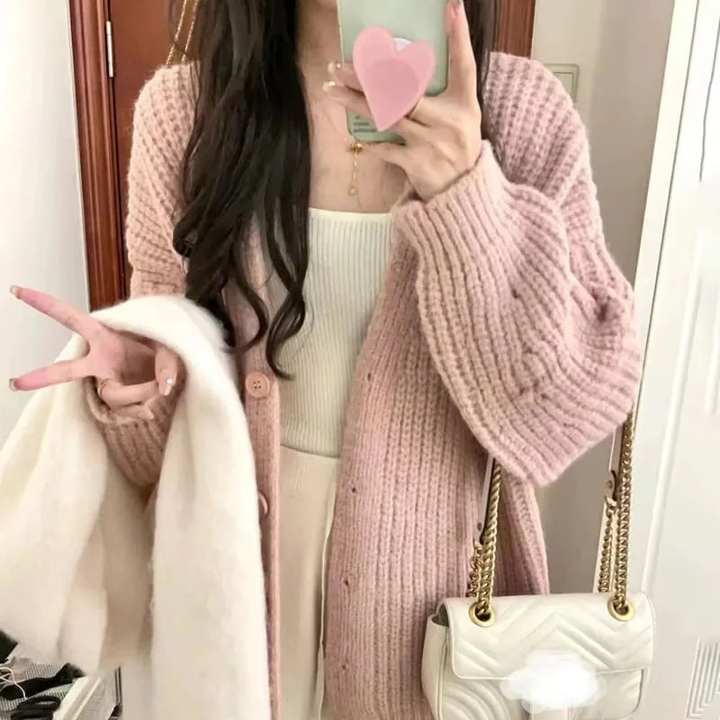 女性用Vネックニットカーディガン,長袖ジャケット,ルーズ,パーティー,カジュアル,暖かい,秋と冬 - 200000345