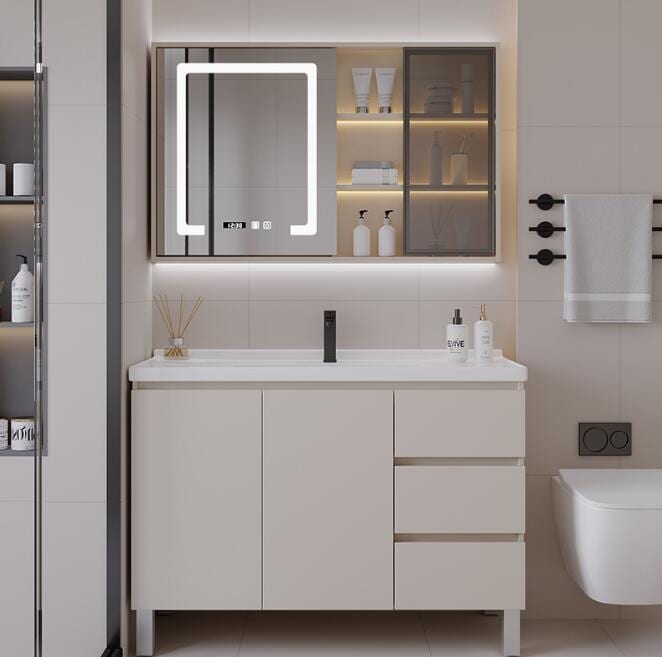 2025新しいモダンミニインテリジェントバスルームキャビネットミラー洗面台床置き手洗い洗面台棚陶磁器一体浴室 キャビネットの組合せ バスルームミラ