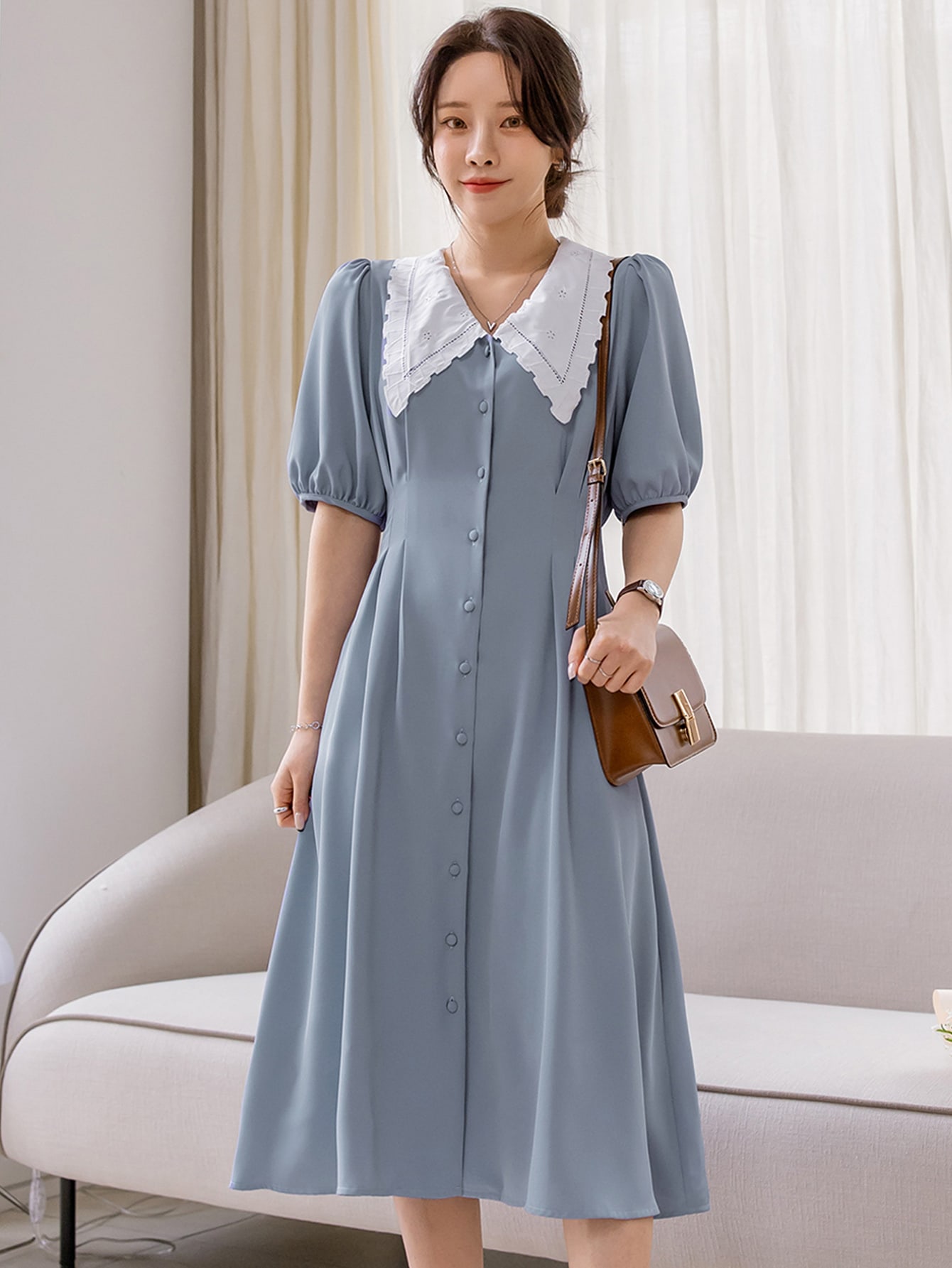 DAZY ピーターパンカラー パフスリーブ ボタンアップ ドレス