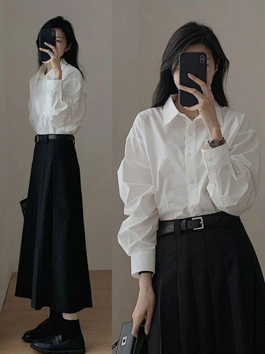 服 セットアップ レディース 長袖シャツ+ロング丈 プリーツスカート 通勤スーツ 2点セット おしゃれ シンプル オフィス 上下セット814