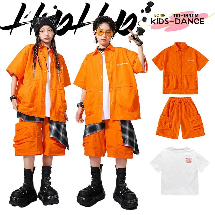 2026春夏新作女の子 男の子 ヒップホップ ユニセックス ダンス衣装 K-POP風 オレンジ 半袖 シャツ ホワイト Tシャツ カーゴパンツ ショートパンツ 黒白 タータンチェック女の子 男の子 ヒ