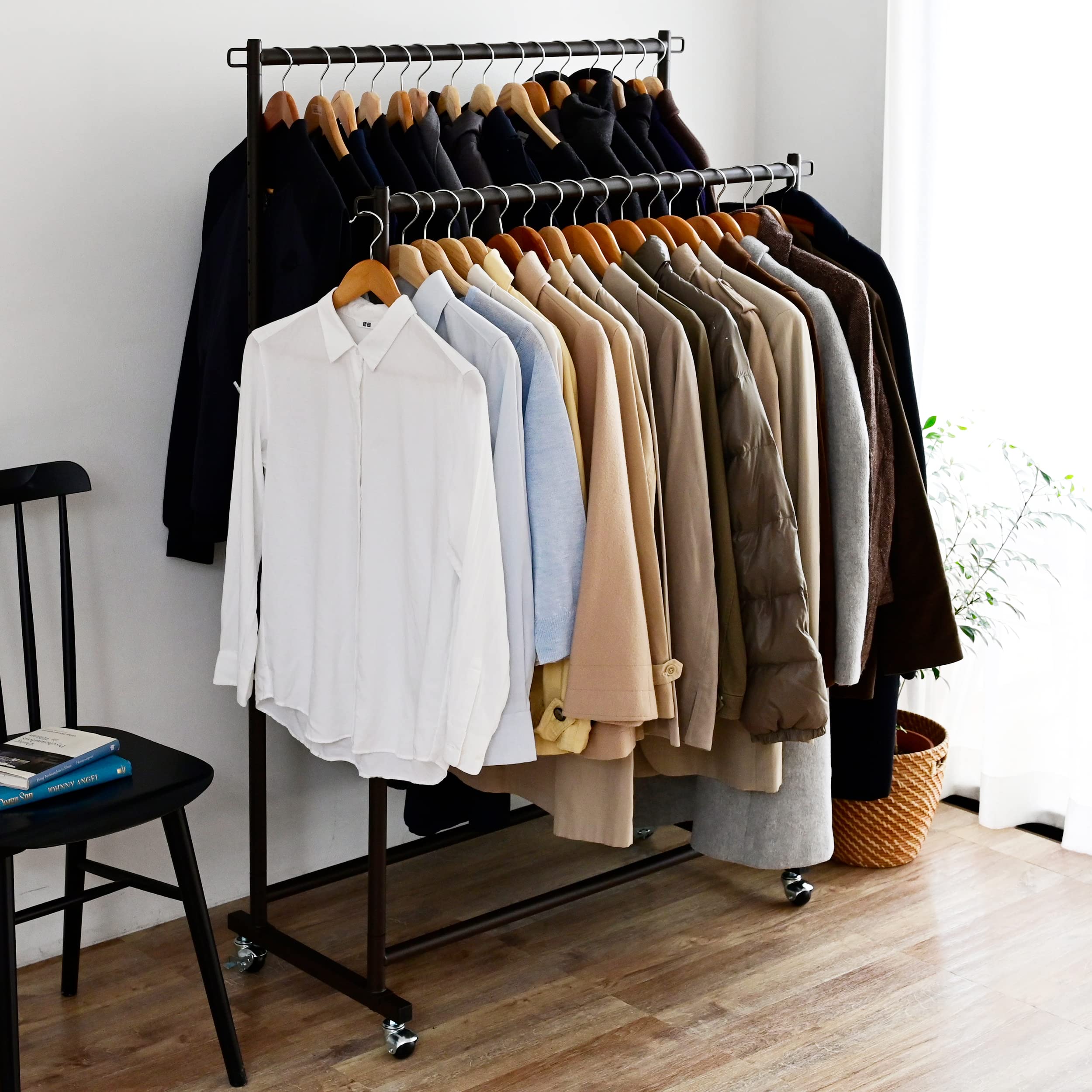 山善(YAMAZEN) ハンガーラック 頑丈 キャスター付き ダブル 幅91.5×奥行43×高さ109.5/114~169cm(5cmピッチ12段階) 全体耐荷重80 高荷重でも動かしやすい