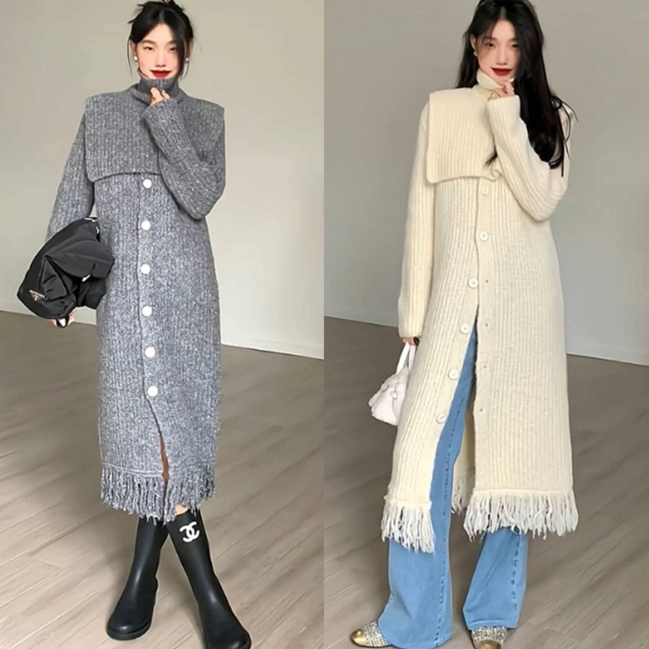 ハイネックニット付きフリンジニットワンピース フリンジ付きセーターワンピース ニットワンピース ラウンドネック 韓国 ゆったり ストレート 秋冬 ロング丈 レディース ニット セーター