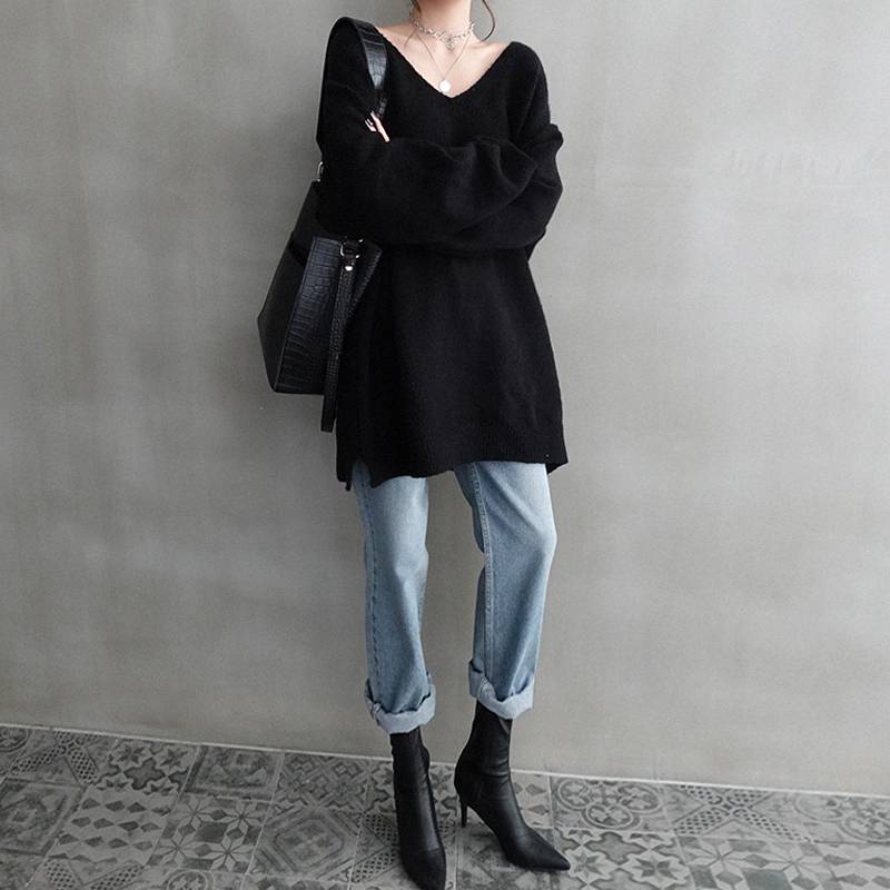 トップス セーター ロング丈 袖あり 長袖 萌袖 Vネック 襟なし ストレート サイドスリット ニット 薄手 かわいい 大人可愛い きれいめ シンプル 大人 おしゃれ お洒落 かっこいい 大人可愛い