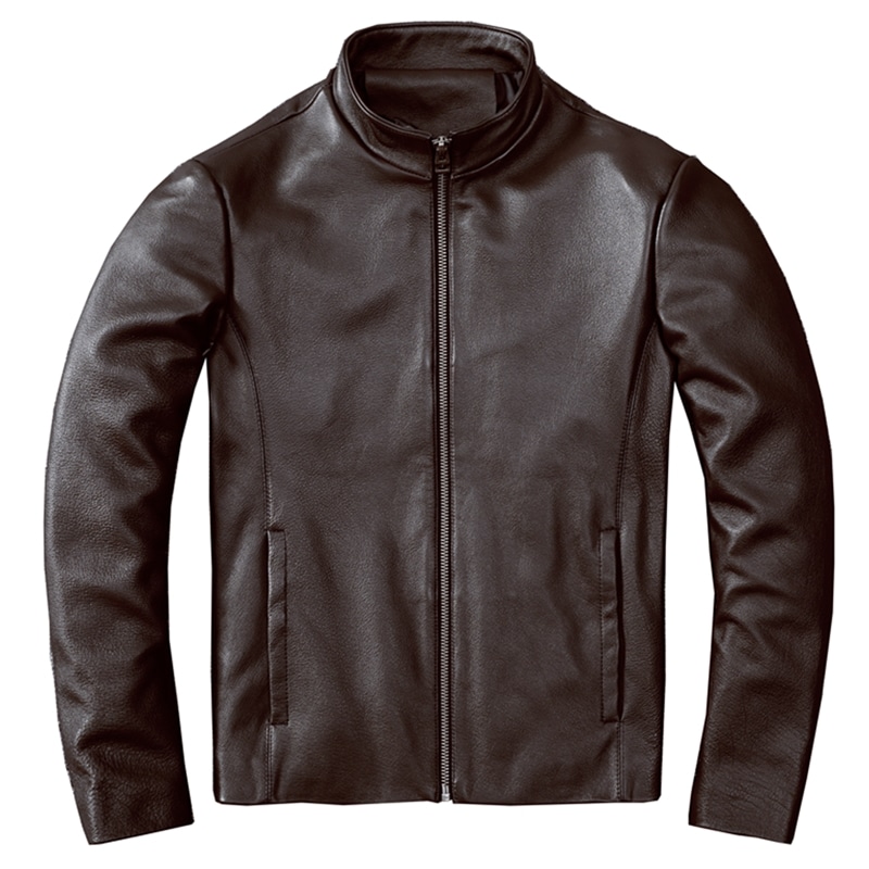 春と秋の新スタイルのシンプルな第一層純粋な牛革レザージャケットメンズショートスリムフィットスタンドカラーレザージャケットカジュアルジャケット