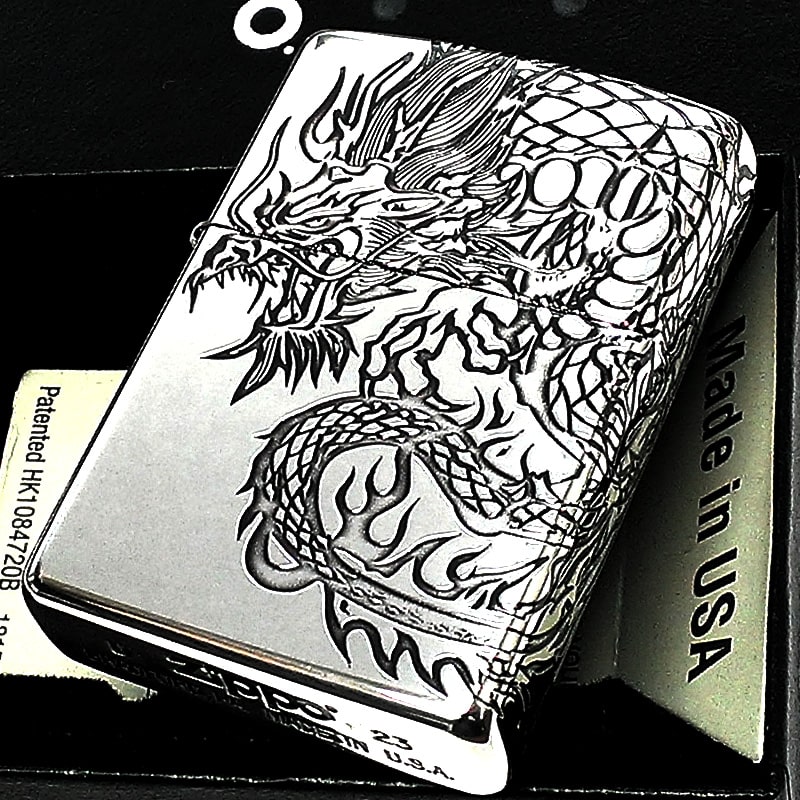 ZIPPO 龍 和柄 3面連続加工 ライター 銀燻し ジッポ 竜 シルバー 干支 辰 かっこいい メンズ プレゼント ギフト