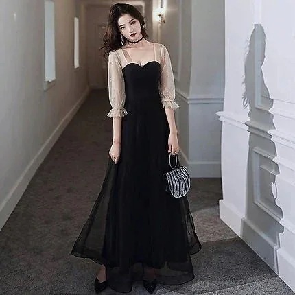 パーティードレス ロング ドレス 黒 袖あり バイカラー おしゃれ 大きいサイズ 演奏会 結婚式 ド