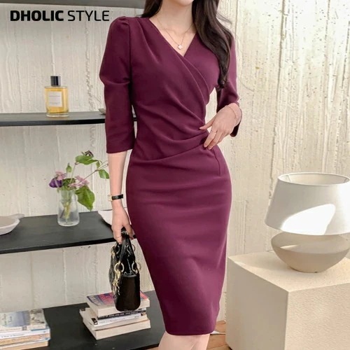 シャーリングクロスワンピースp452867 レディース 【ops】ワンピース 七分袖 7分袖 ミディ丈 膝丈 ひざ丈 単色 無地 シンプル ベーシック タイト 細身 スリム Vネック 鎖骨 デコルテ