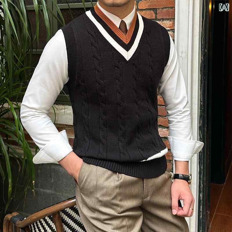 メンズ ファッション トップス ニット Vネック ノースリーブ ウール ベスト 秋冬 紳士服 レトロ 英国風 カレッジ セーター メンズ