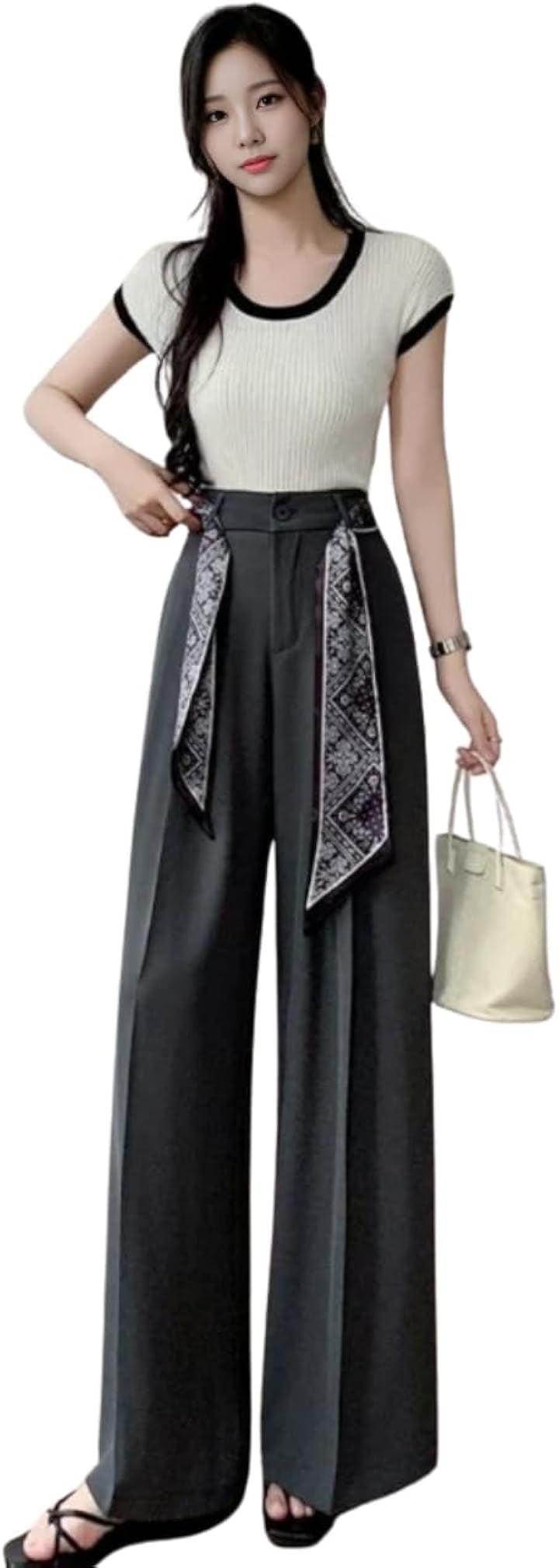 ブルーベリル ワイドシルエットパンツ レディース スカーフベルト付き ハイウエスト ドレープ スタイリッシュ 無地 デイリー BB089-GY-M(グレー, M)