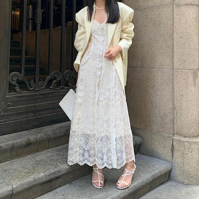 ワンピース ロング セクシー レトロ キャミソール ロマンチック エレガント レディース Ｖネック レース ノースリーブ 着痩せ マキシ クラシカル 春 夏 秋 ピコット フェミニン ビンテージ風 2
