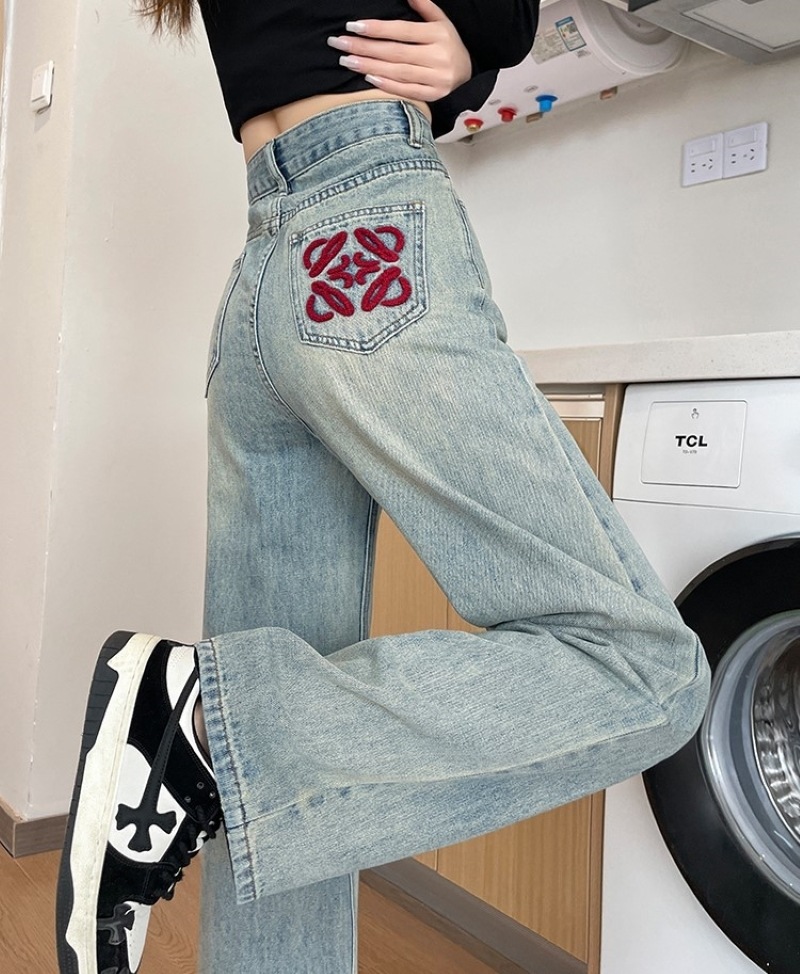 ボトムス パンツ ストレートパンツ デニムパンツ ロング丈 ヴィンテージ風 ジーンズ ストレート 刺繍 ポケット ハイウエスト 薄手 カジュアル 大人 おしゃれ かっこいい レトロ 存在感 春 夏 秋