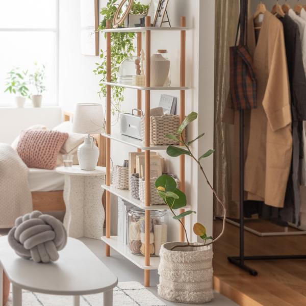 ラック 棚 収納 5段 木製 脚 支柱 飾り棚 オープンラック 韓国 おしゃれ 北欧 ナチュラル カフェ シンプル 使いやすい 高さ調節 変更 調節 幅80cm 白 ホワイト