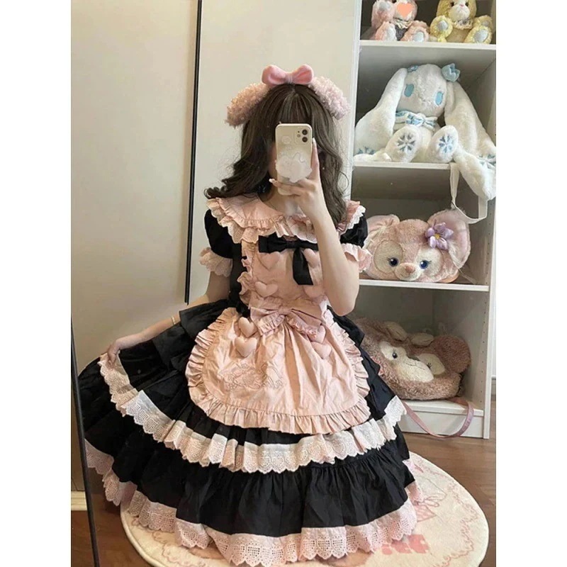 キュートでスイートなスタイルロリータスカートメイドドレスブラックピンク半袖pロリータチュチュスカート甘辛 4,417円
