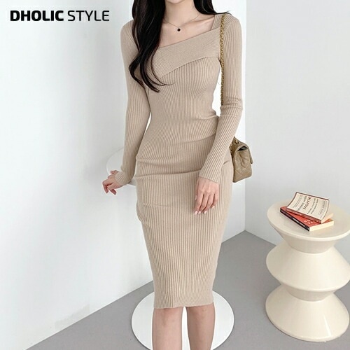 [メガ割りSALE]アシメネックリブニットワンピース・p486306