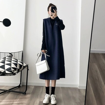 ワンピース 膝下 ストレート もこもこ 膝下 長袖 襟なし Vネック ラウンド スリム 細身 ツーピース ブルー 個性的 カジュアル 秋 冬 お出かけ 普段使い レディース 女性用 10代 20代