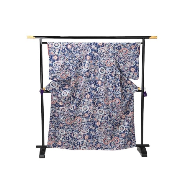 長着 一越 正絹 花 鹿 着物 和服 紺