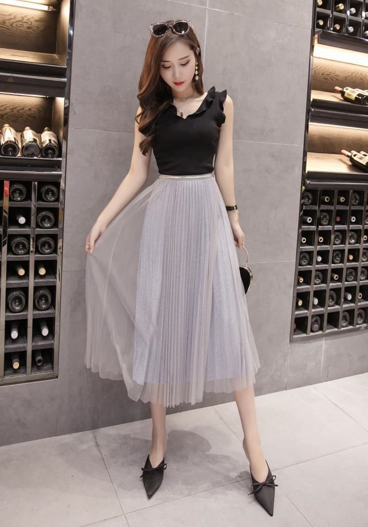 3086.プリーツレースロングスカート（グレー）