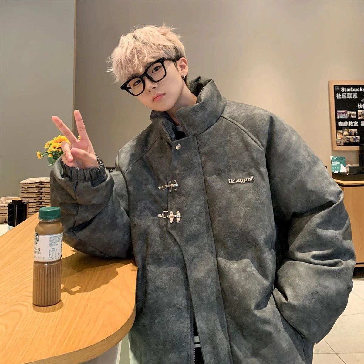 PU 皮ジャケット綿服 メンズ 冬服 ファッション ゆったり 立ち襟トップス アウター 感 カジュアルコート