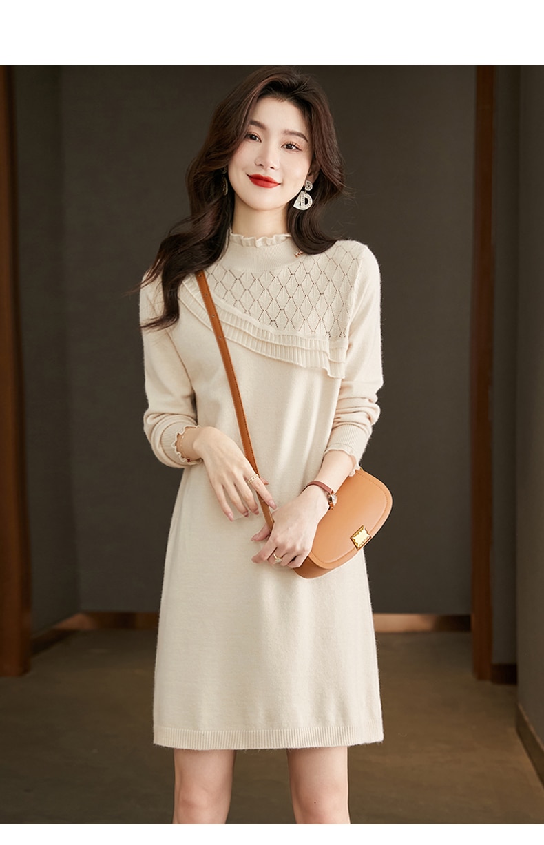ハーフハイカラー エレガント ステッチ ドレス 女性らしさ スリム ミドル丈 セーター ドレス ベージュ ブラック M L XL XXL ワンピース 膝丈 ひざ丈 袖あり 5分袖 かわいい 8,470円
