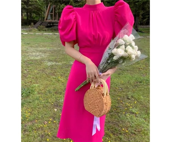 レディース ドレス ワンピース パーティードレス ウェディング パーティー 結婚式 二次会 披露宴 ミモレ ロング 半袖 パフスリーブ ハイネック スタンドカラー セミフレア ウエストマーク