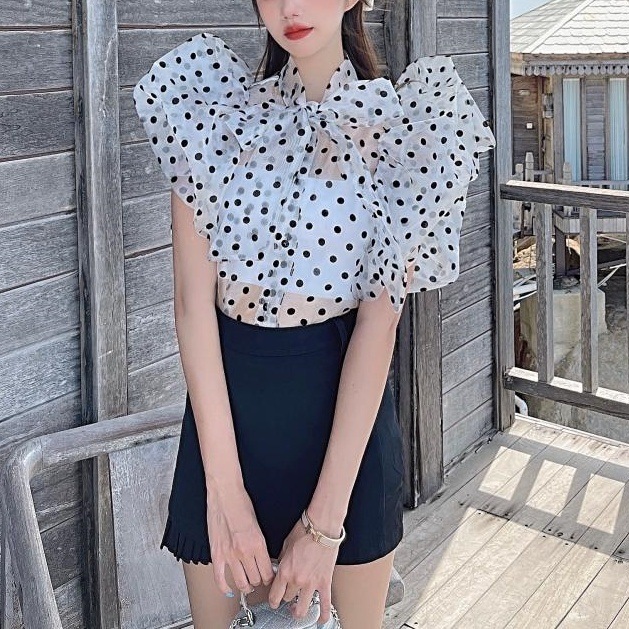 レディース トップス ブラウス 前開き ショート 半袖 フリル袖 ボウタイ ワイド フェミニン 透け感 シースルー オーガンジー バイカラー 薄手 シアー 大人可愛い きれいめ シンプル カジュアル