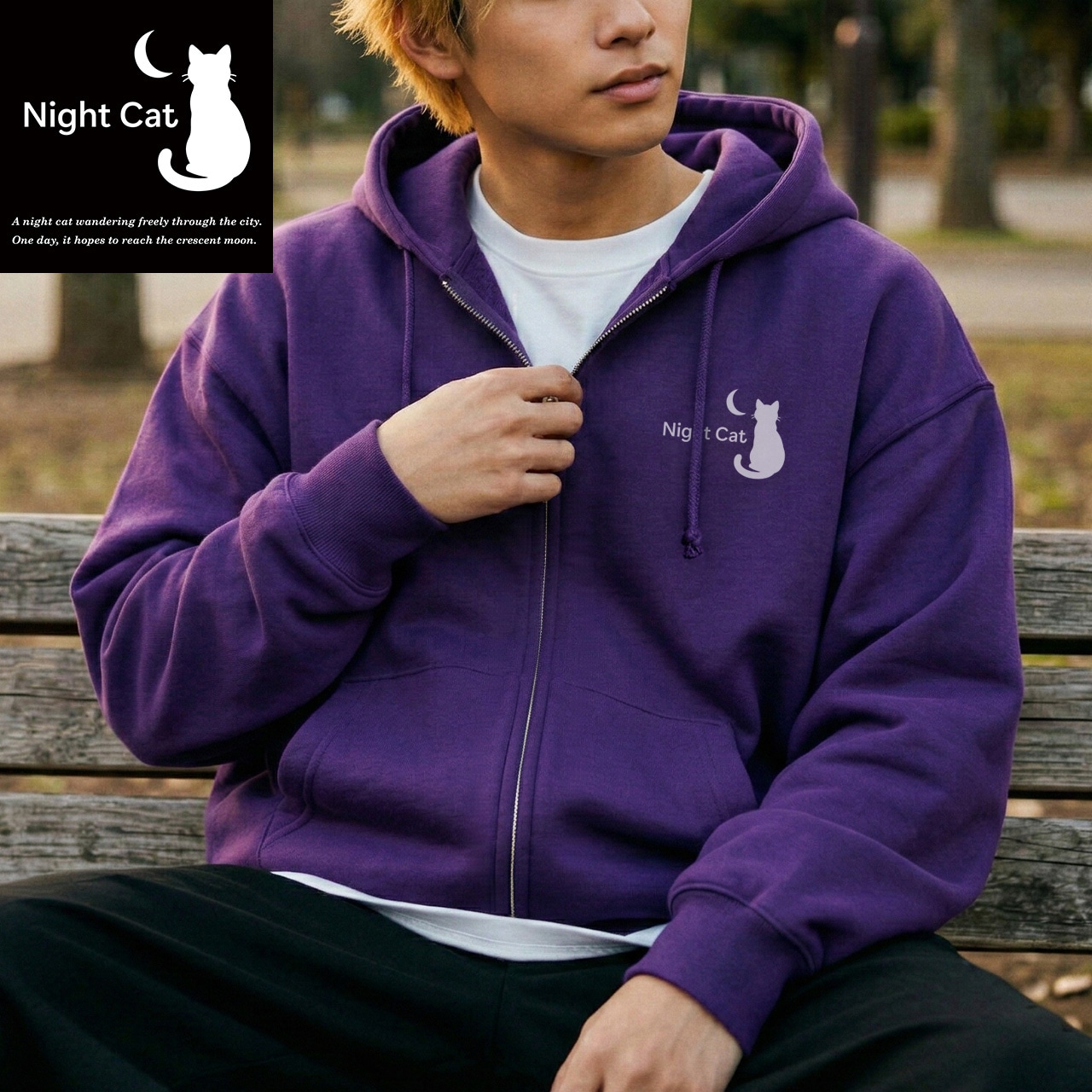 【Night Cat】ロゴ入り フルジップパーカー 10oz 裏パイル (パープル) 夜猫 ストア かわいい 猫 ロゴ マーク クール ストリート ゴスロリ パンク ファッション