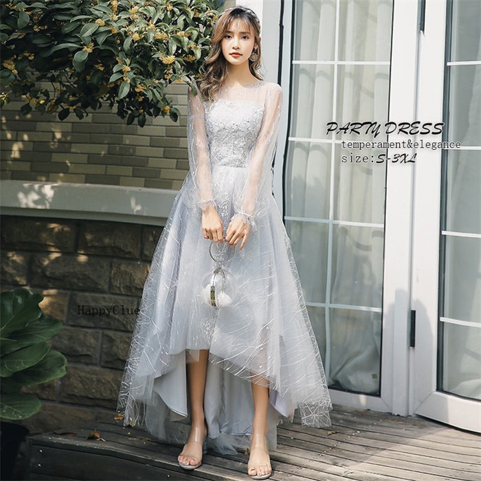 パーティードレス イブイングドレス 二次会ドレス グレー ドレス ワンピース レディース 結婚式 ロングドレス 前短後長丈 Aライン 長袖 フォーマル 演奏会 発表会 ブライダル ウェディングドレス