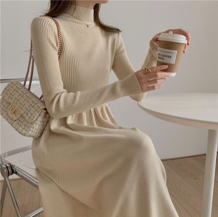 ロング丈ワンピース 長袖ニットワンピース リブニットワンピース カジュアルニットワンピース スカート ワンピース ニットソー プルオーバー オールインワン ロングスカート ニットスカート 膝下 ロング