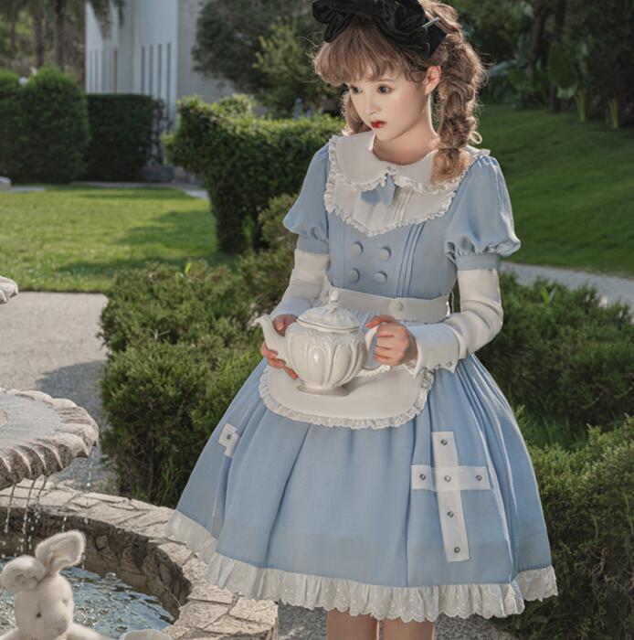ロリータ ワンピース かわいい コスプレ衣装 長袖/半袖 お姫様 ロリータ服 女性 ワンピース Lolita こすぷれ コスチューム 文化祭 学園祭 撮影衣装 プリンセス風ドレス 袖取り外し可 ブルー