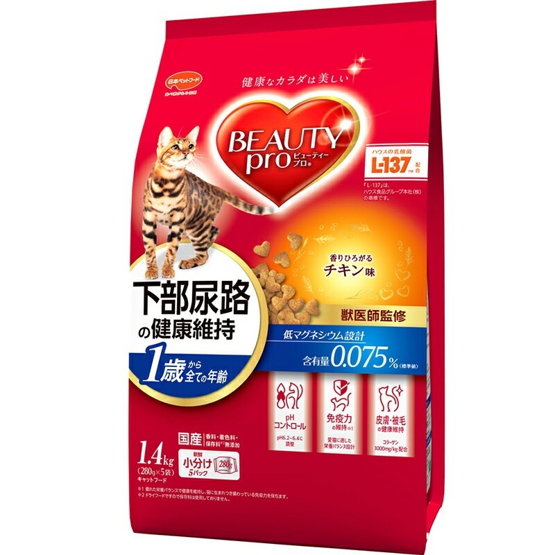 （まとめ買い）日本ペットフード ビューティープロ キャット 猫下部尿路の健康維持 1歳から チキン味 1.4kg 猫用フード [x3]