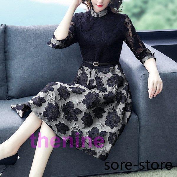 安い商品 今日だけ ワンピースレディース ワンピース長袖 レース刺繍花 ワンピース通勤 Aラインスカート ワンピースレディース秋 膝丈 20代30代40代50代 エレガントyd-4309 3枚購入で3 6,914円