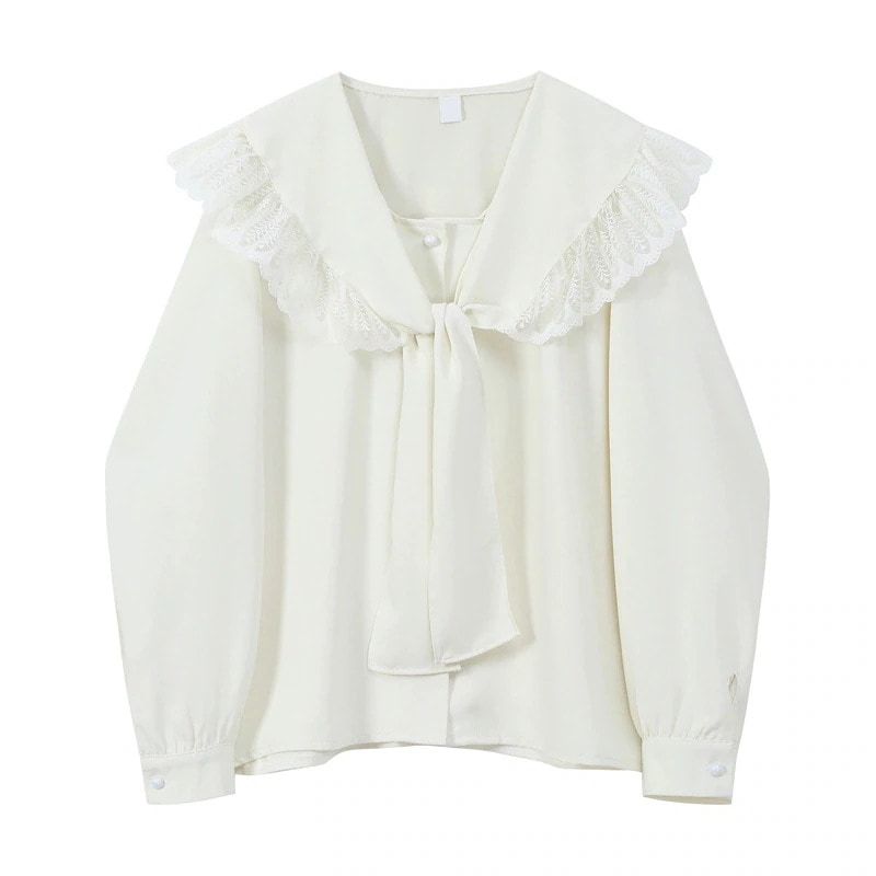 トップス シャツ ブラウス 白シャツ 白トップス 袖あり 長袖 ボリューム袖 パフスリーブ 襟付き ビッグカラー リボン フリル レース かわいい 大人可愛い きれいめ シンプル 上品 おしゃれ