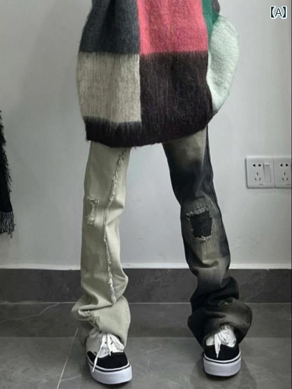 デニムパンツ レディース ダメージ ジーンズ クラッシュ ボトムス アメリカン レトロ コントラストカラー ストリート ストレート