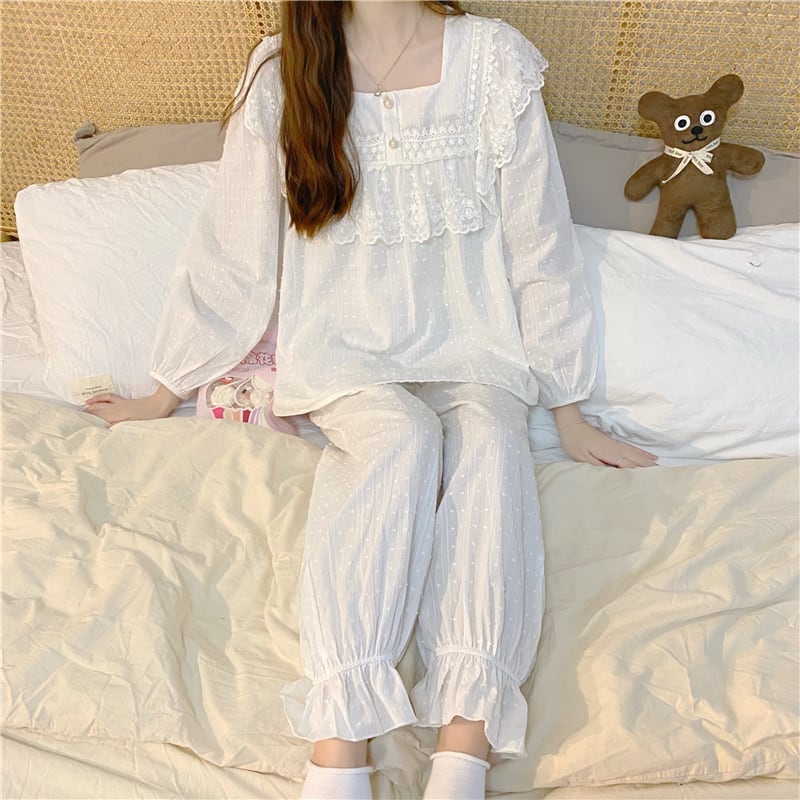 パジャマ ルームウェア ナイトウェア 寝巻 フリル ドット柄 パール 長袖 リラックスウェア