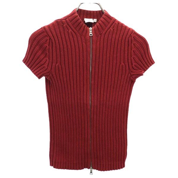 90s オールド 半袖 フルジップ コットン ニット XS 赤系 セーター レディース