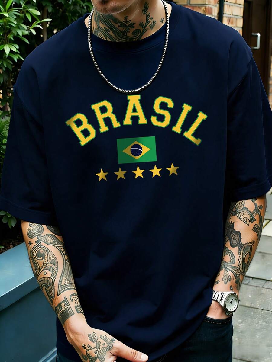 メンズグラフィックTシャツレトロブラジルサッカーユニフォーム通気性のあるニット生地レギュラーフィットラウンドネックデザイン