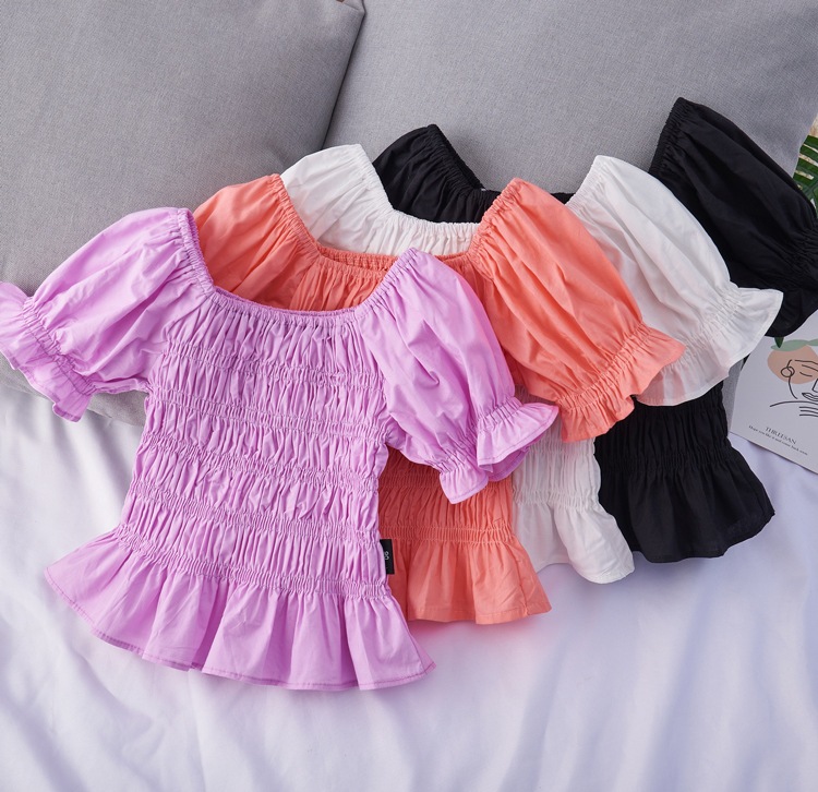独特な 【送料無料】 小さな女の子のためのフリルブラウス 無地のトップス 子供服 綿の袖 衣類 サマーシャツ トップス