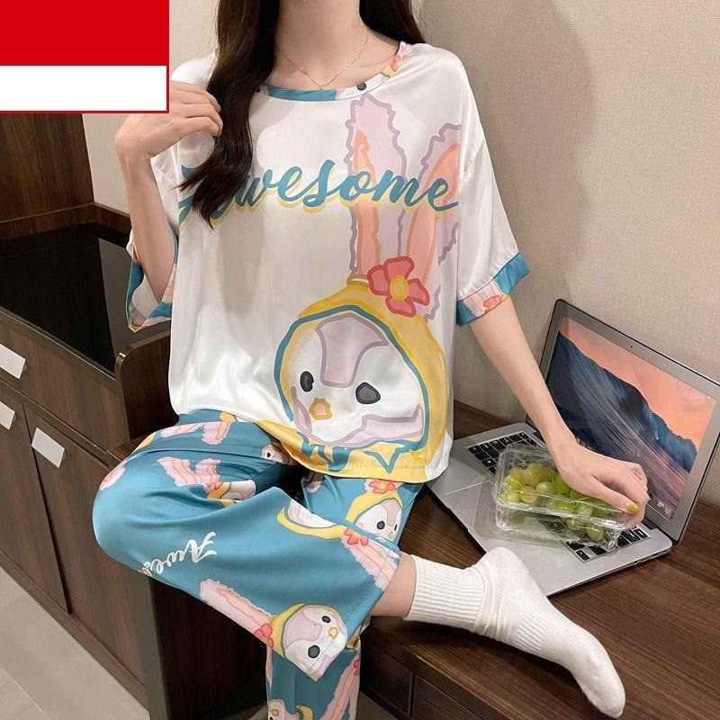 涼しげ ルームウェア パジャマ 3点セット Tシャツ ロングパンツ ショートパンツ 上下セット トップス ボトムス パンツ ズボン ショート丈 ロング丈 袖あり 半袖 ラウンドネック 襟付き