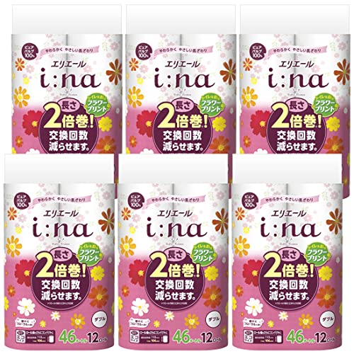 エリエール トイレットペーパー i:na(イーナ) フラワープリント 2倍巻き 46m×72ロール(12ロール×6パック) ダブル パルプ100% 華やぐフローラルの香り【ケース販売】