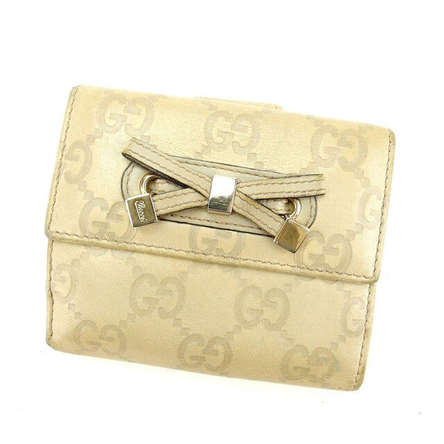 Wホック財布 二つ折り財布 グッチシマ リボンモチーフ付き ベージュ ゴールド 中古