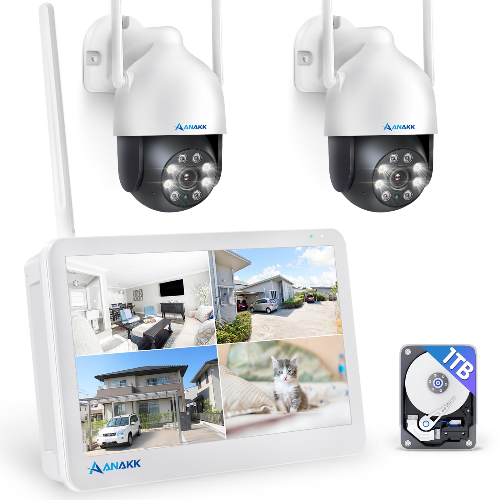 【500万画素対応・360全方位監視】Anakk 防犯カメラ 屋外 ワイヤレス モニター付き AI人体検知 自動追尾機能 家庭用 2台セット 投光威嚇 夜間カラー暗視撮影 双方向通話 室内 監視カメ