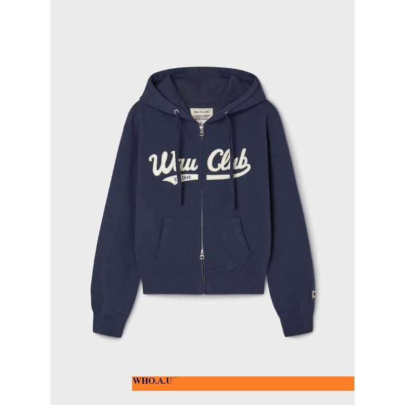 W.A.U パッチ クロップド フード ジップアップ(NAVY)-WHMZG1111F