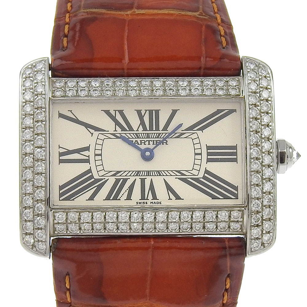 タンクリュバンLM アフターダイヤ cal.690 W6300655 腕時計 ステンレススチール クロコダイル クオーツ アナログ表示 メンズ ホワイト文字盤 中古品