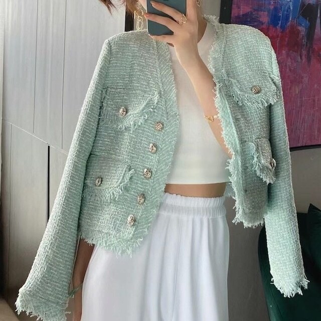 レディース ツイード ジャケット フリンジ ゴールドボタン Vネック 長袖 大人可愛い ママコーデ ママファッション 韓国系 オルチャン 人気 トレンド 新作 20代 30代 40代 きれいめ レトロ