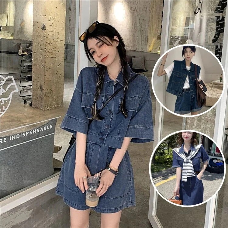 大人気！ デニムセットアップ ワンピース 大きいサイズ 上下セット 半袖 ショートパンツ 夏 レディース 学生 デニムセット カジュアル デニムジャケット メガ割