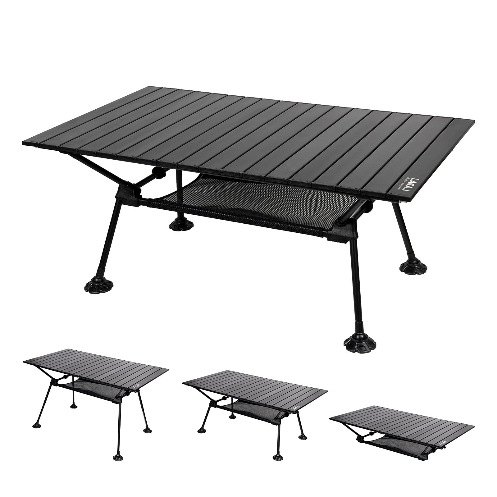 LACAL アウトドアテーブル ロールテーブル キャンプテーブル 3階段高さ調整可能 折り畳み式 幅126cm 耐熱天板 簡単組立 BBQ アウトドア用