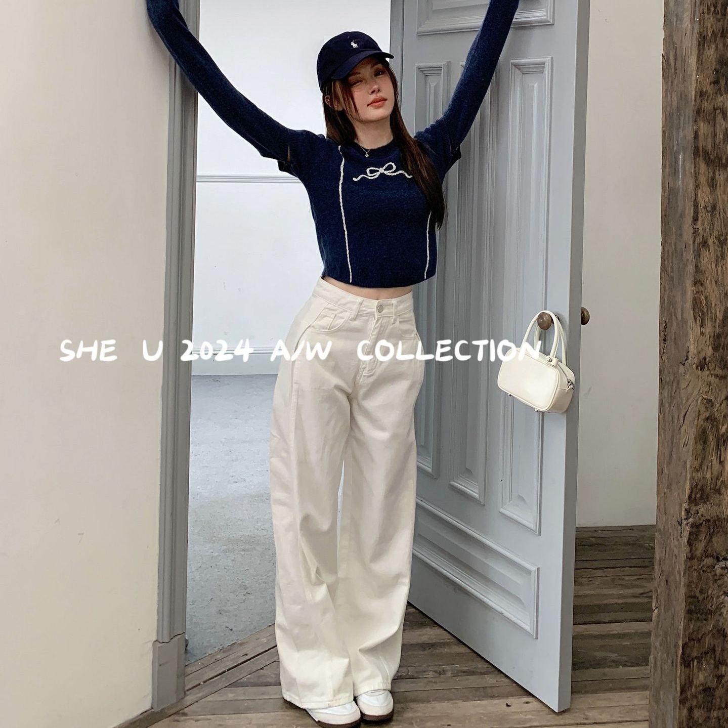 She U 13行白ワイドレッグジーンズ女性用2024秋冬新作ハイウエスト万能スリムフロアレングスパンツ